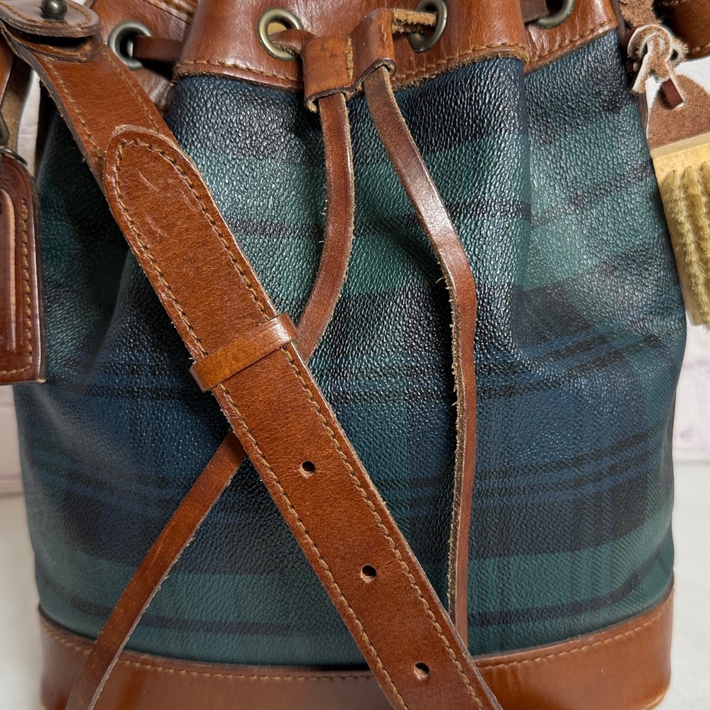 Vintage Polo Rally Lauren Plaid Brown Leather Crossbody Bucket Bag w/Luggage Tag - Picture 2 of 15